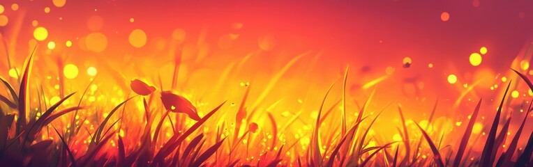Poster - Vibrant sunrise illuminating dew-kissed grass in a tranquil meadow creating a breathtaking morning ambiance