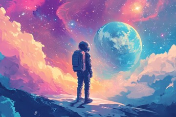 Wall Mural - an astronaut gazes at a planet amidst colorful nebula