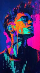 Leinwandbilder - Vibrant portrait of a man with glowing colors against a bold backdrop in an artistic setting