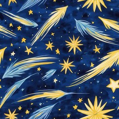 Poster - Vibrant doodle cartoon watercolor art with stars and shooting stars on a navy background