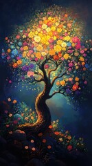 Poster - Vibrant tree adorned with colorful flowers radiating light in a mystical forest setting at dusk