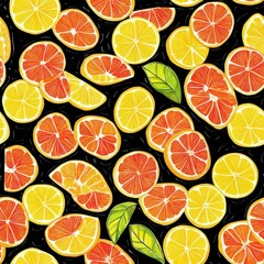 Poster - Vibrant watercolor doodle of assorted citrus fruits on a black background showcasing bright colors and playful designs