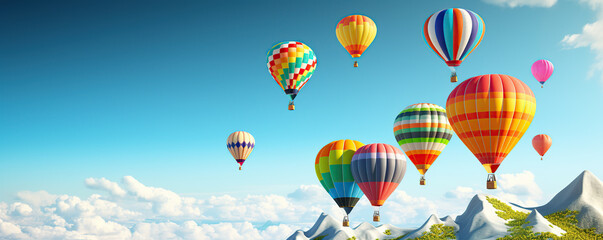  Hot air balloons rise above mountains and clouds during a clear day showcasing vibrant colors in the sky