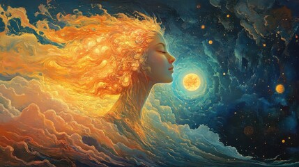 Poster - Surreal portrayal of a glowing woman amidst cosmic elements and swirling clouds at twilight