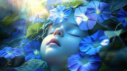 Poster - Surreal representation of a child's face surrounded by vibrant blue flowers during a dreamlike moment in nature