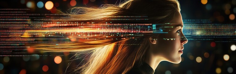 Poster - Surreal profile of a woman with flowing hair and digital elements against a vibrant backdrop