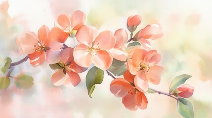 Poster - Spring watercolor background featuring delicate pink and peach blossoms on a soft pastel canvas