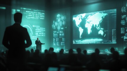 Poster - Dynamic business presentation with interactive technology in a modern conference room setting