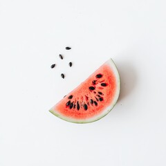 Poster - Refreshing watermelon slice with bright pink interior and seeds on a plain white background