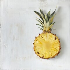 Poster - Slice of pineapple on a textured white surface showcasing vibrant yellow fruit and fresh green foliage in a minimalist presentation