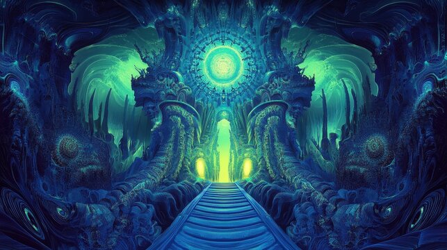 Fractal cavern pathway with organic structures leads to a radiant light