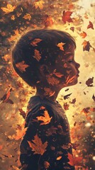 Aufkleber - Serene child glowing amidst autumn leaves in a tranquil outdoor setting during golden hour