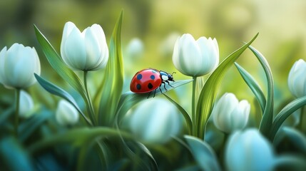 Aufkleber - Serene spring garden filled with vibrant ladybugs and blooming flowers under soft sunlight