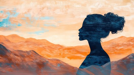 Poster - Serene portrait of a glowing woman in a tranquil landscape at sunset
