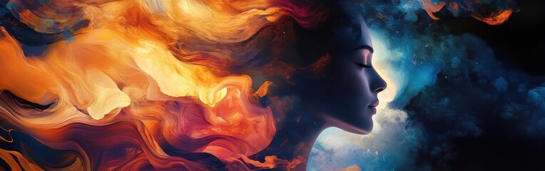 Aufkleber - Serene portrait of a woman radiating warmth in a colorful cosmic background during twilight