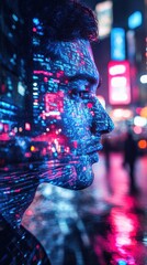 Poster - serene portrait of a man's face illuminated by vibrant city lights at night
