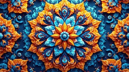 Wall Mural - intricate ornate floral mandala design with vivid hues of orange and blue