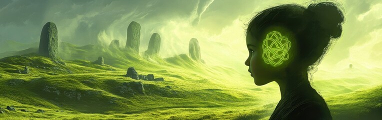 Poster - Child in a serene landscape with glowing design, surrounded by ancient stones and vibrant greenery