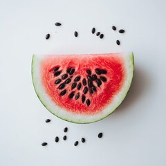 Poster - Ripe watermelon slice with glossy seeds lying flat against a clean surface, showcasing vibrant colors and texture