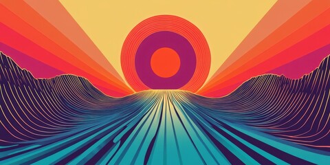 Poster - Retro futuristic landscape with sun and geometric horizon lines