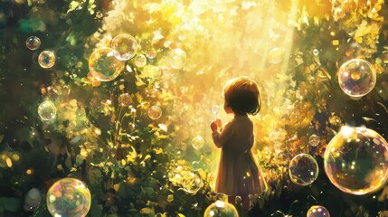 Poster - Child joyfully blows bubbles in a sunlit garden filled with lush greenery and sparkling light during a golden hour