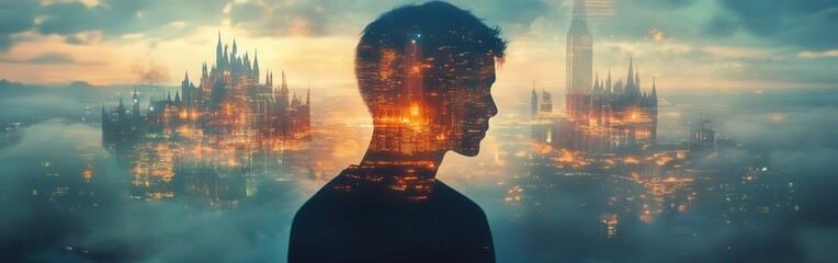 Aufkleber - Mystical silhouette of a man against a vibrant cityscape at twilight