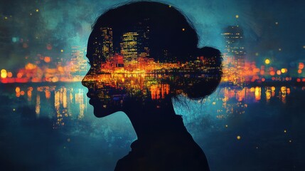 Poster - Mystical silhouette of a woman against a vibrant city skyline at night reflecting on water