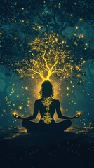 Aufkleber - Mystical meditating woman surrounded by glowing orbs and tree of life in a serene forest at twilight