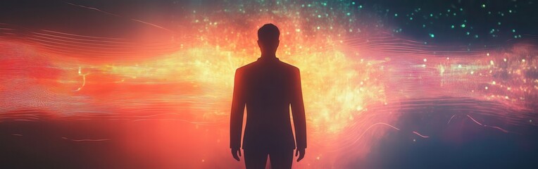 Poster - Mysterious silhouette of a man standing before a vibrant cosmic background of colors
