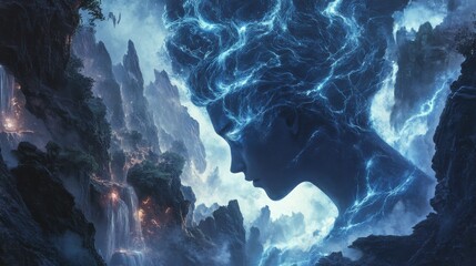 Aufkleber - Mystical profile of a man surrounded by glowing elements in a serene landscape during twilight