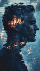 Poster - Mystical profile of a man with a surreal landscape filling his silhouette amid shimmering water reflections at twilight