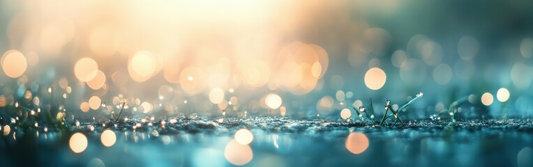 Poster - Captivating gradient background with bokeh effects and subtle dew drops reflecting morning light in an outdoor setting