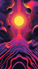 Poster - Abstract landscape with yellow sun and purple wavy lines