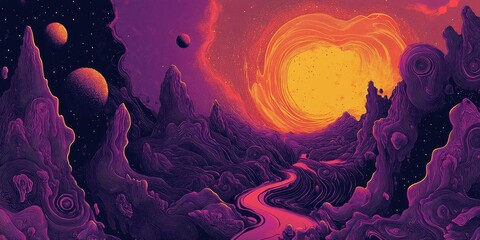 Sticker - Surreal and dreamy alien landscape with planets and a sun