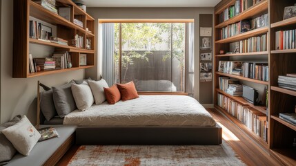 Poster - Elegant guest room featuring a multifunctional daybed and ample bookshelf space for relaxation and reading