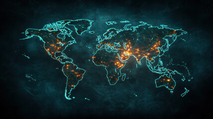 Poster - Futuristic global cloud networking with glowing connections on world map