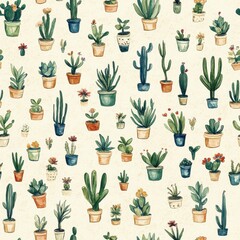 Poster - Colorful watercolor doodle of various potted plants arranged in a whimsical pattern on a light background