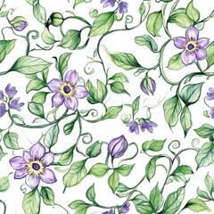 Poster - Delicate watercolor doodle of purple flowers and green vines creating a whimsical pattern