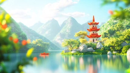 Wall Mural - Serene Pagoda Lake, Mountain Sunrise