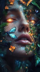 Poster - Merging of nature and beauty in a woman's face with butterflies and vibrant flowers in a mystical setting