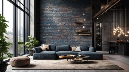 Poster - Stylish living room featuring a deep charcoal gray brick wall with modern furnishings and large windows