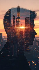 Poster - Conceptual visualization of a man with an urban skyline silhouette during sunset