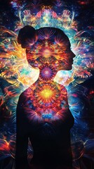 Poster - conceptual visualization of a glowing woman surrounded by vibrant cosmic patterns and colors at dusk