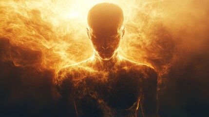 Leinwandbilder - Man glowing with energy surrounded by flames at dusk in an otherworldly landscape