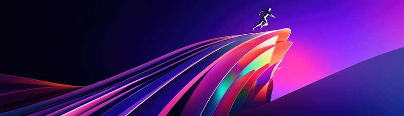 Fototapete - A figure sprinting on a vibrant, multicolored, curving structure, great for wallpaper with a modern and dynamic design.