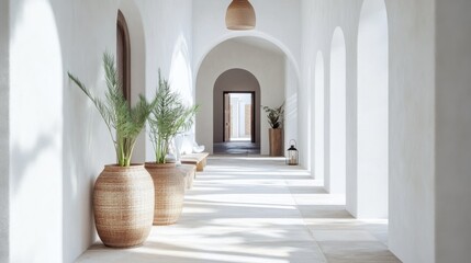 Fototapete - Elegant Mediterranean-inspired hallway featuring natural light and greenery for a serene atmosphere