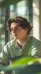 Poster - Young man contemplatively gazing out the window in a modern, minimalist indoor setting during the afternoon light