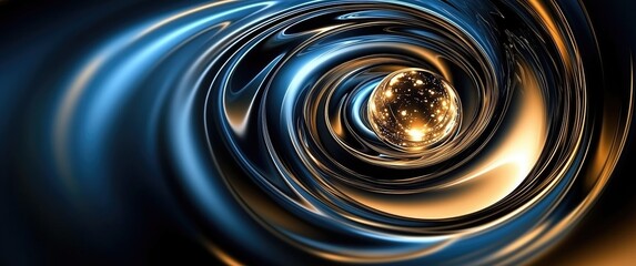 Leinwandbilder - Abstract digital background with swirling blue and gold patterns around a glowing golden sphere, great for wallpaper.