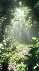 Poster - Dense forest with sunlight filtering through trees, creating a serene atmosphere and vibrant greenery