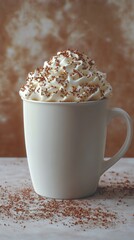 Poster - Close-up of a steaming cup of hot chocolate topped with whipped cream and chocolate shavings on a wooden table
